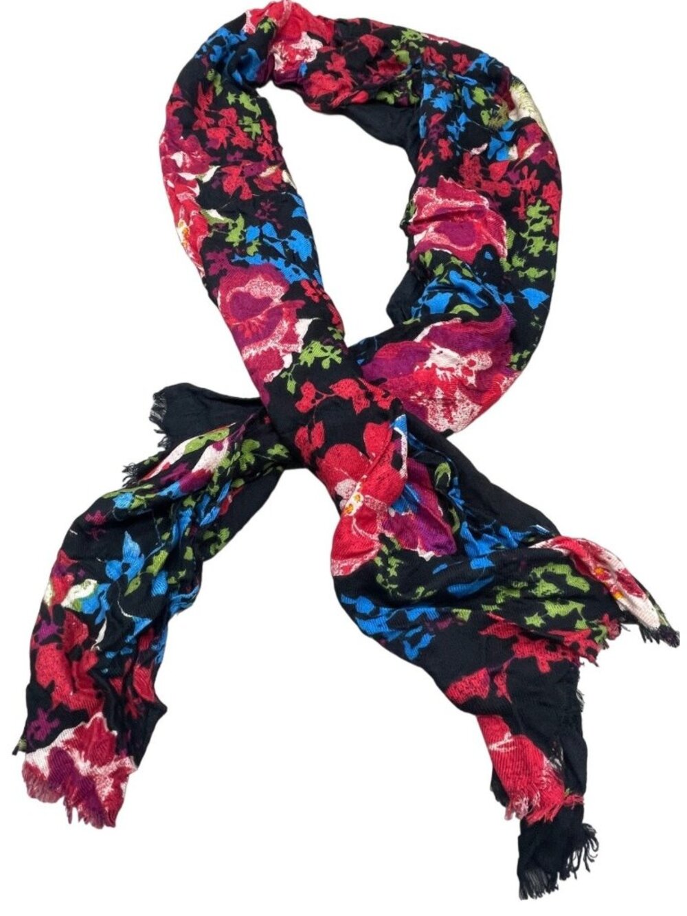 Fleece scarf red black green white blue yellow flowers 18" wide 74" long READ